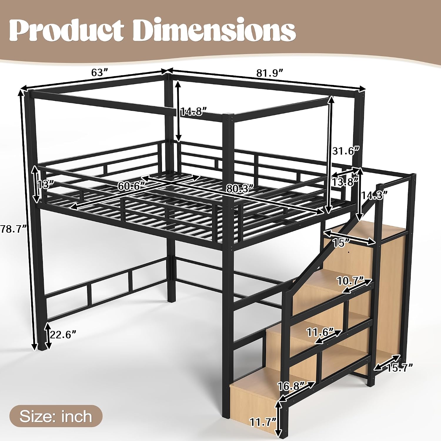 Canopy Bed Frame Metal Queen - Letto a soppalco Queen con scale