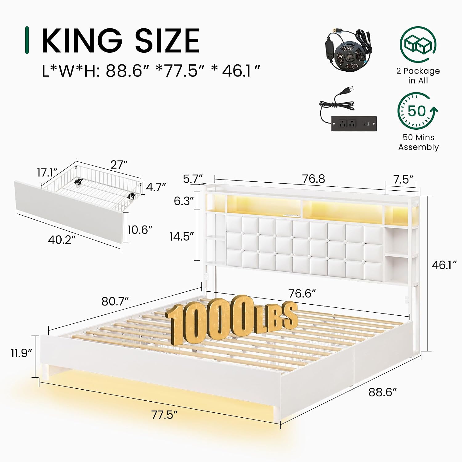 Struttura letto in legno, dime - King Size Bed Frame With Storage Drawers recensione e prezzo