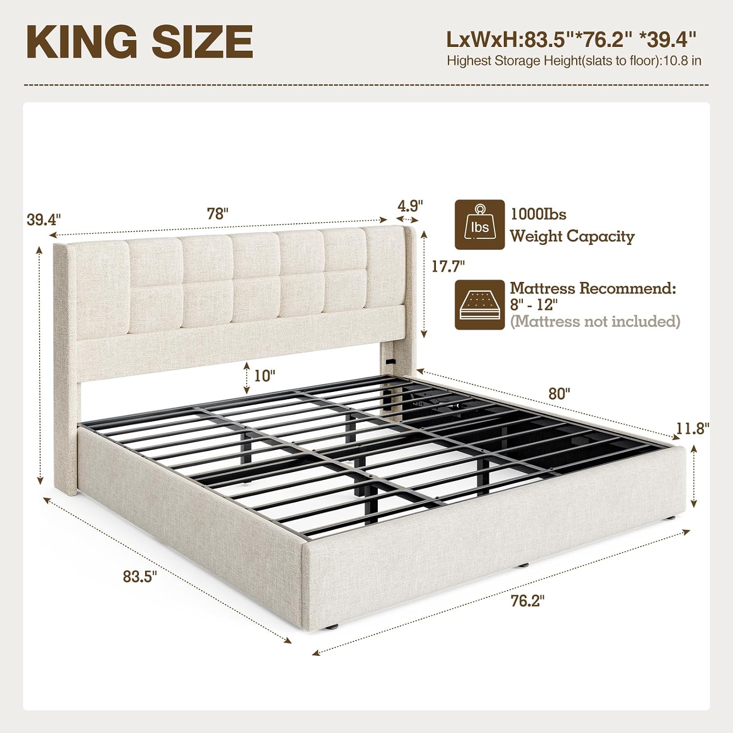 Struttura letto king size con  - Gas Lift Storage Bed Hydraulic recensione e prezzo